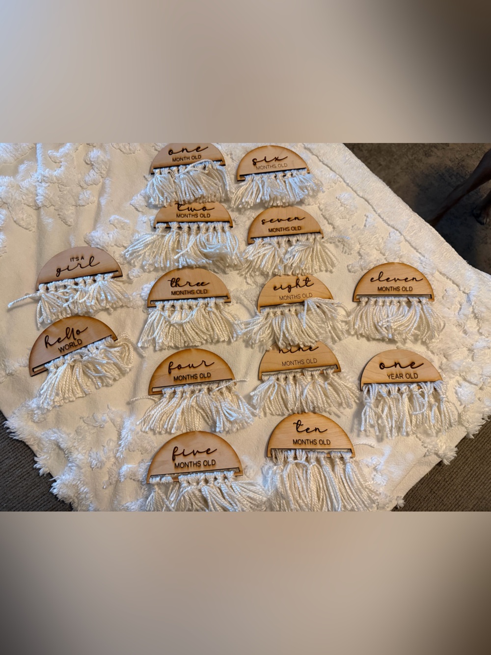 Wooden Baby Girl Milestone Macrame Tags - White